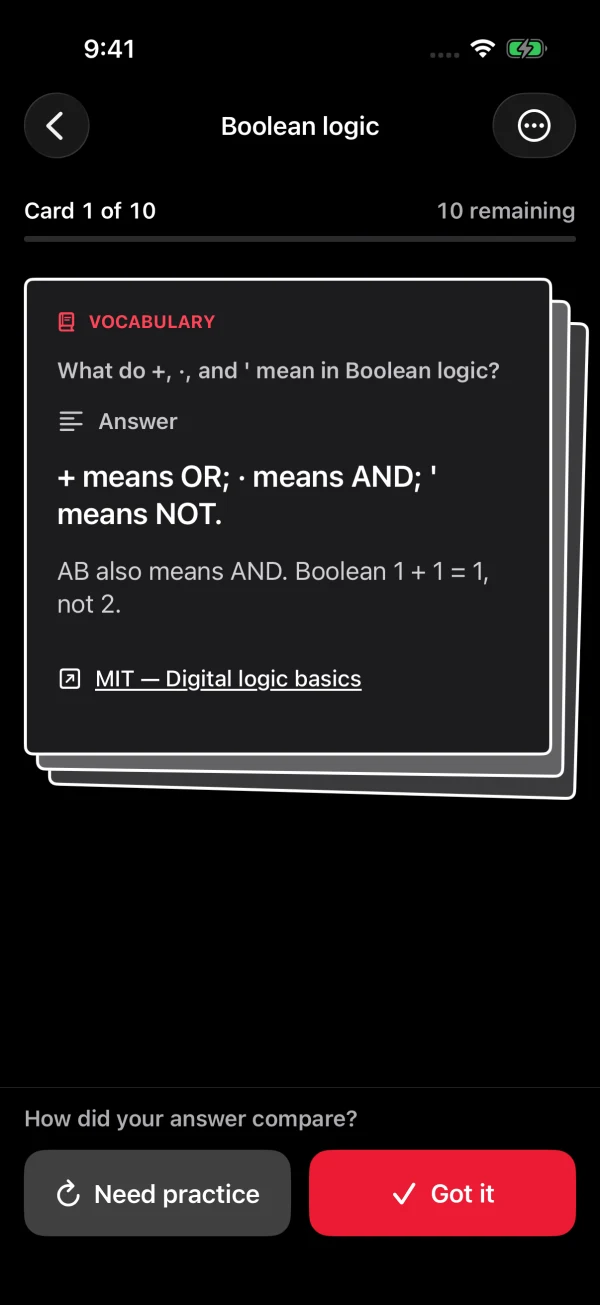 Boolean logic flashcards on iPhone: the answer face of card 1 of 10 with the Need practice and Got it buttons