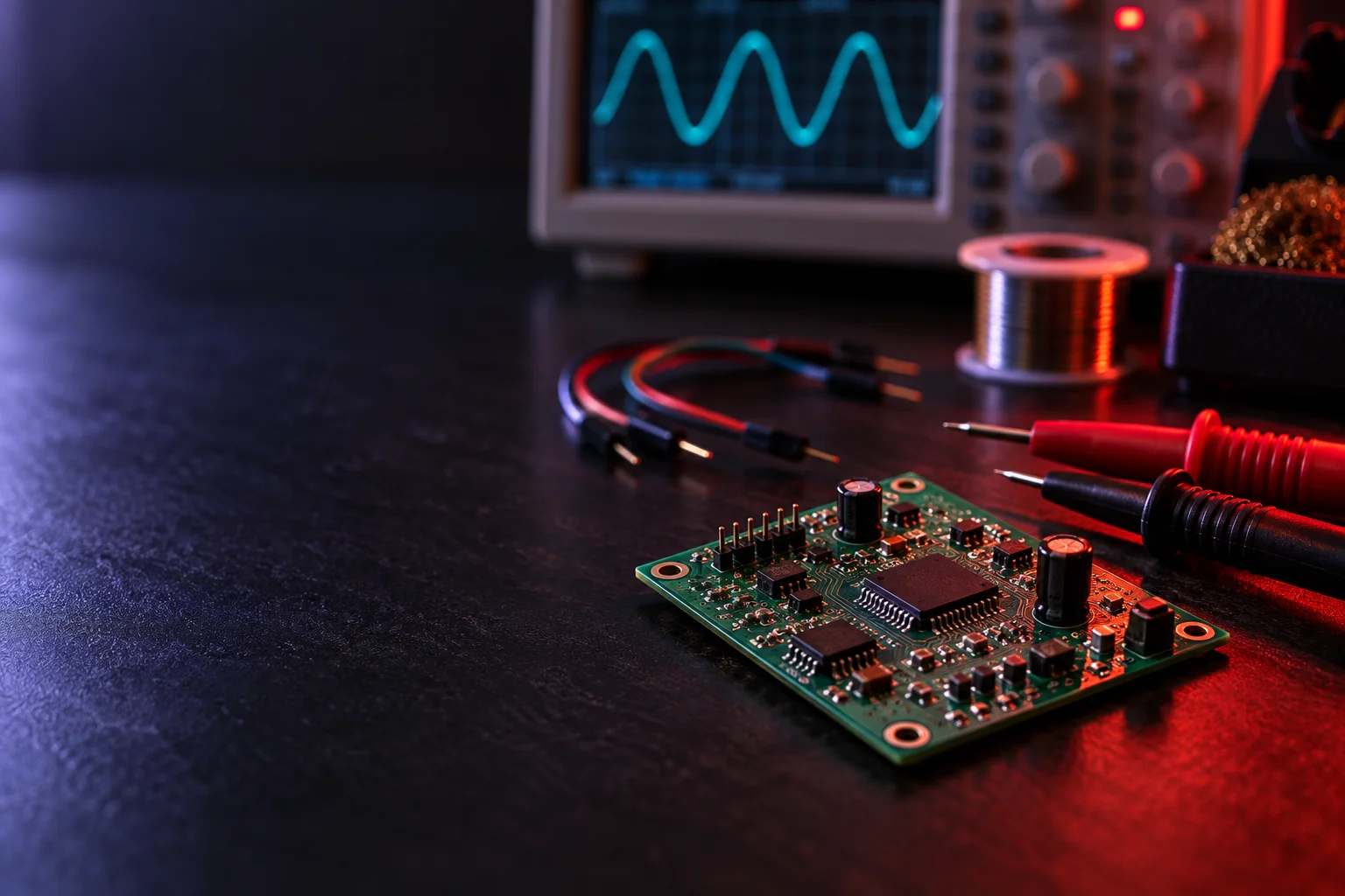 A dark electronics workbench lit in scarlet and lavender: a circuit board, probes, solder, and an oscilloscope showing a sine wave