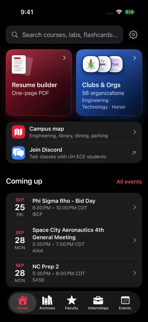 ECEUH Home on iPhone: search, Resume builder and Clubs & Orgs tiles, Campus map and Join Discord rows, a Coming up list of events, and the Home, Archives, Faculty, Internships, and Events tabs