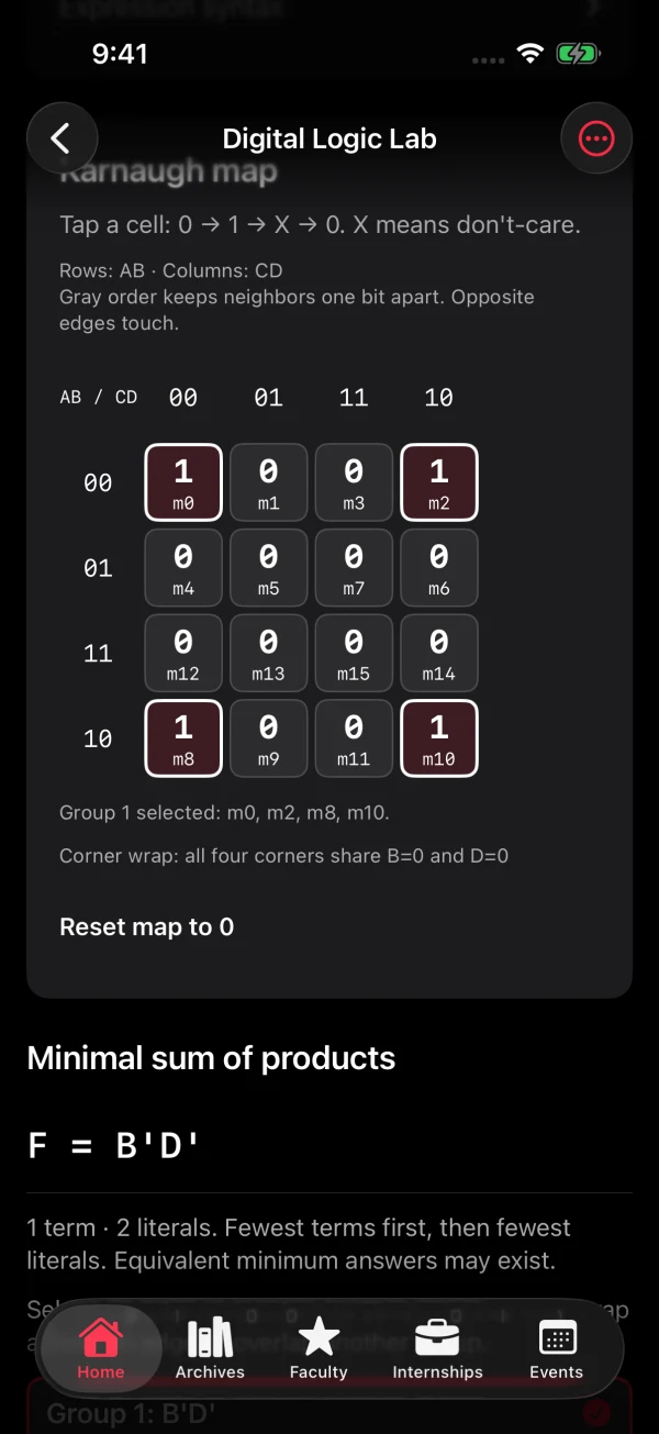 Digital Logic Lab on iPhone: a four-variable Karnaugh map with the four corner cells grouped and the minimal sum of products F = B'D'