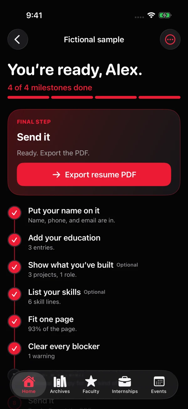 Resume builder on iPhone showing a fictional sample at 4 of 4 milestones done, the Send it step with Export resume PDF, and the completed milestone list